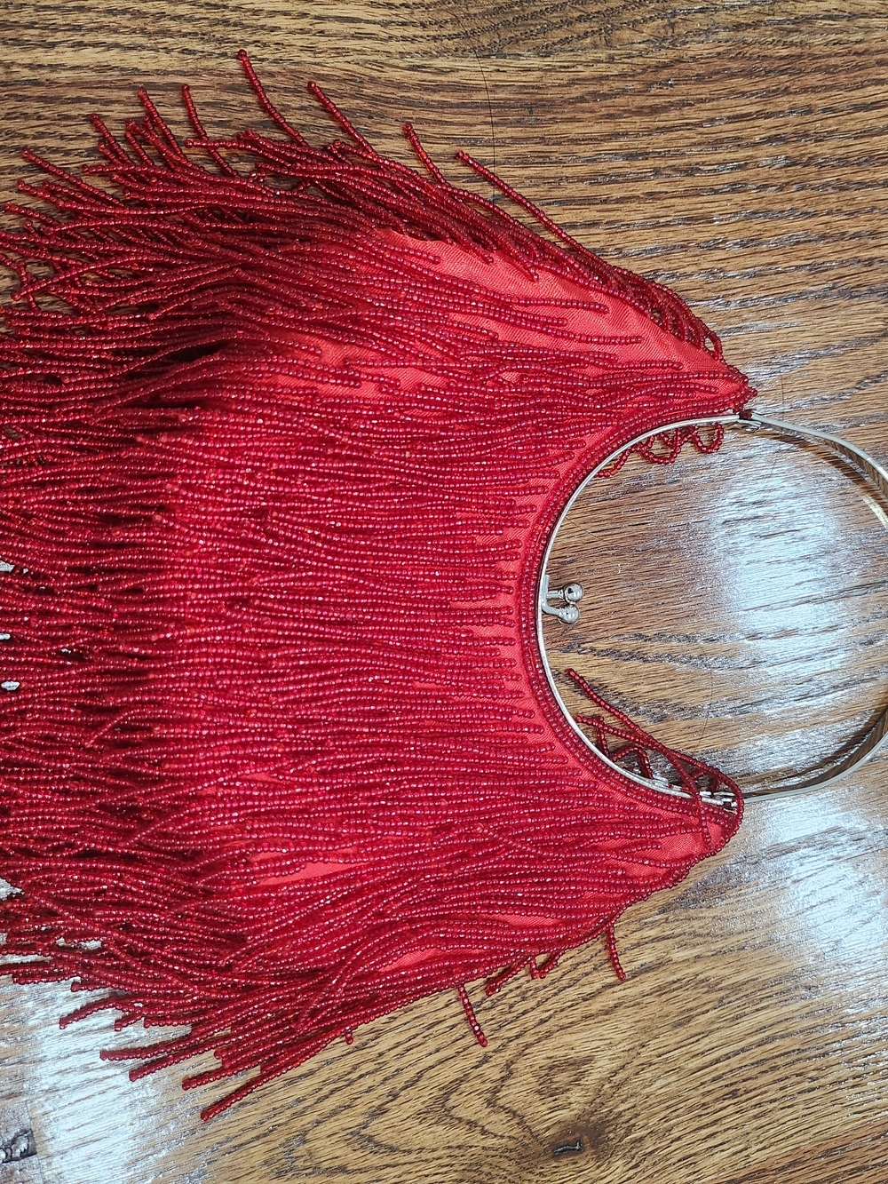Red Beaded Fringe Handle Bag - Statement Evening Clutch